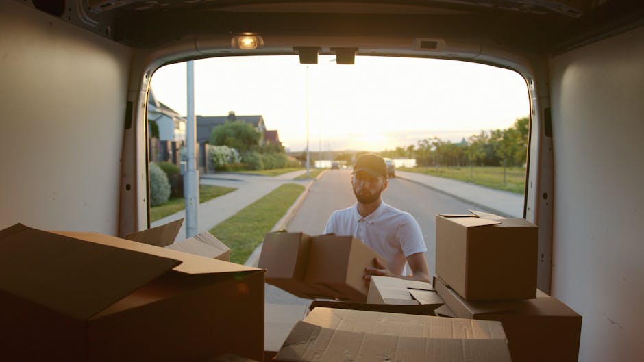 Two men are engaged in a furniture transport task as part of a house relocation. They are outdoors on a paved driveway next to a residential property, with a brick wall, greenery, and a house roof visible in the background. One man, wearing a black puffer vest, dark jeans, and white sneakers, is grasping a large cardboard box with both hands, preparing to load it into the back of a white cargo van. The second man, dressed in a black jacket with blue sleeves, black gloves, and sneakers, is assisting by holding the box steady from the other side. The van's rear doors are open, revealing numerous packed cardboard boxes inside, some with labels, indicative of a packing and moving process. Nearby, a black hand truck with two wheels is positioned on the ground, ready for transporting additional boxes or furniture. The scene is illuminated by natural daylight, illustrating the careful handling and organisation involved in a professional removals service by Man and Van Northwood, supporting domestic relocation and furniture transport services.